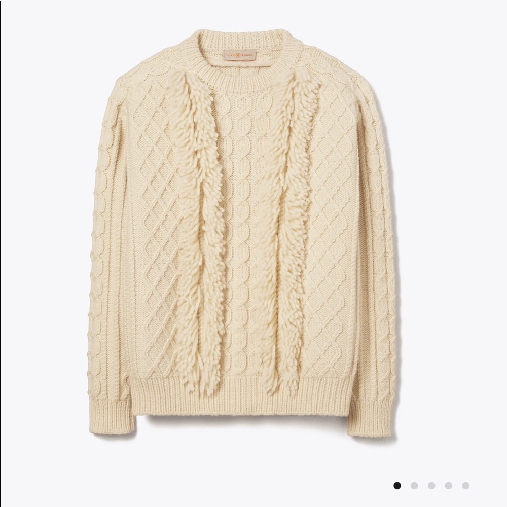 Tory Burch Cable Saddle Sleeve Sweater Tan Ivory Fringe NWT Size Medium